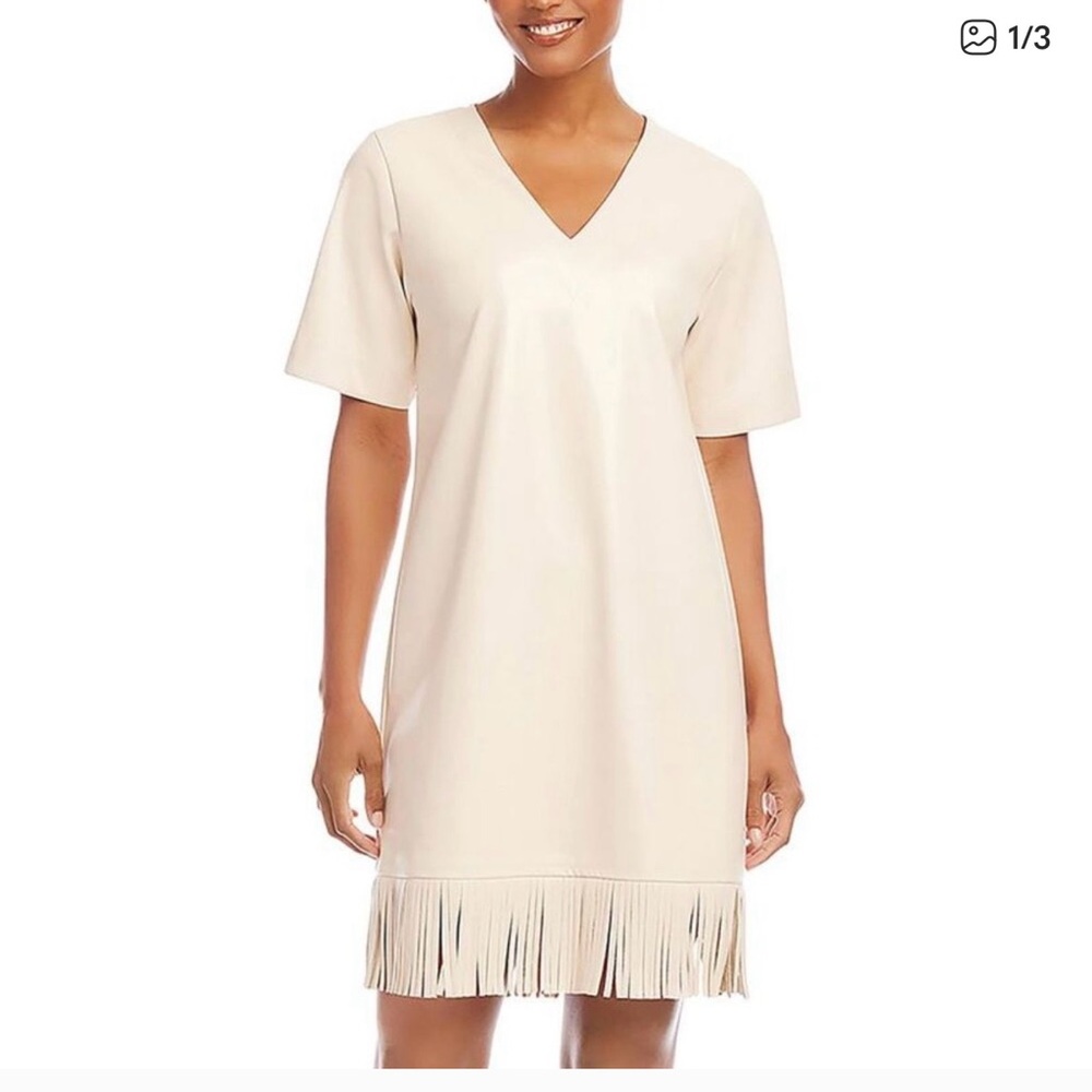 Karen Kane Elegant Cream Fringe faux leather Dress